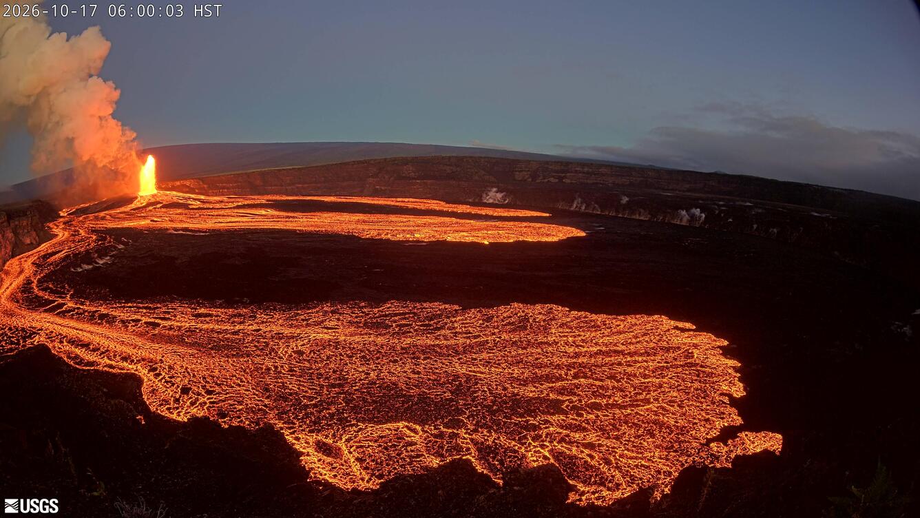 Color photograph of lava fountain and lava flows