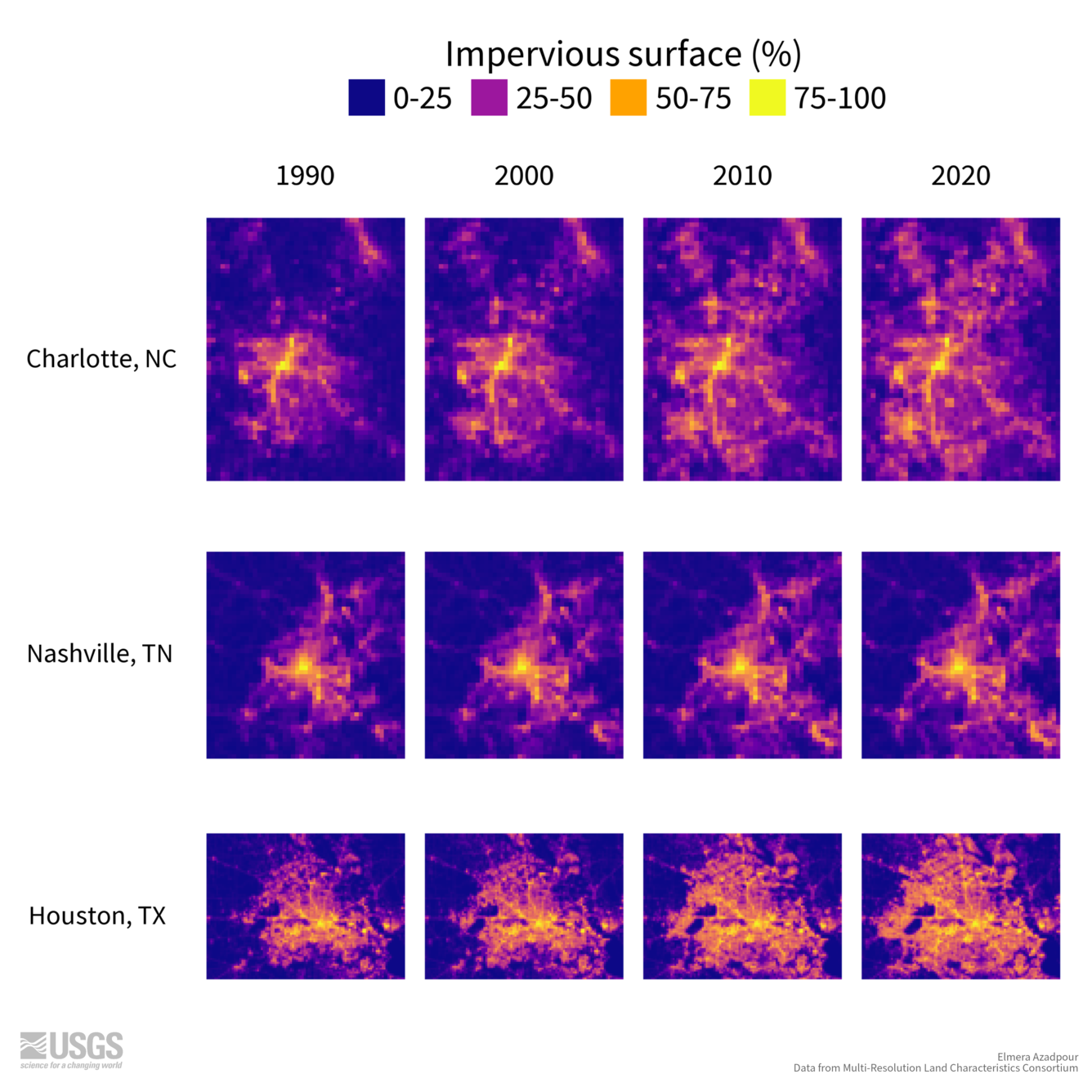 Timeseries maps showing fractional impervious surface for Charlotte, NC, Nashville, TN, and Houston, TX from 1990-2020. 