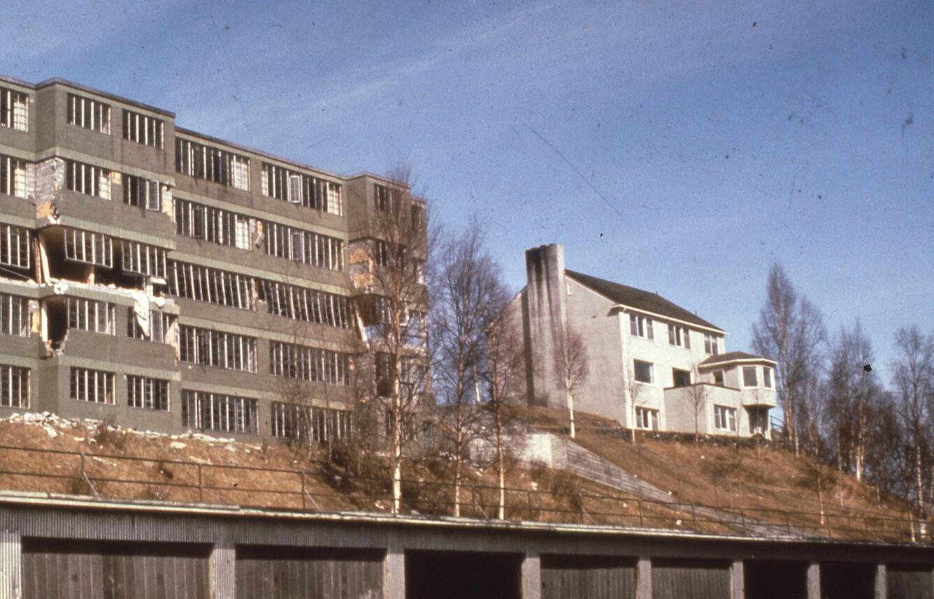 Two buildings on hillside with leafless trees. Left side, concreate apartment building. Right side is wooden 2-story house.