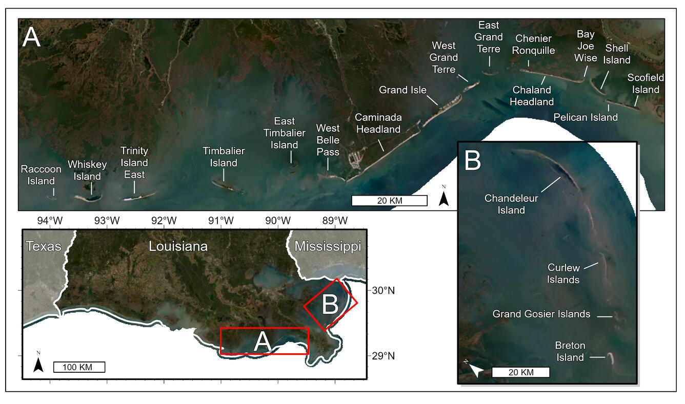 A map of coastal Louisiana showing barrier islands