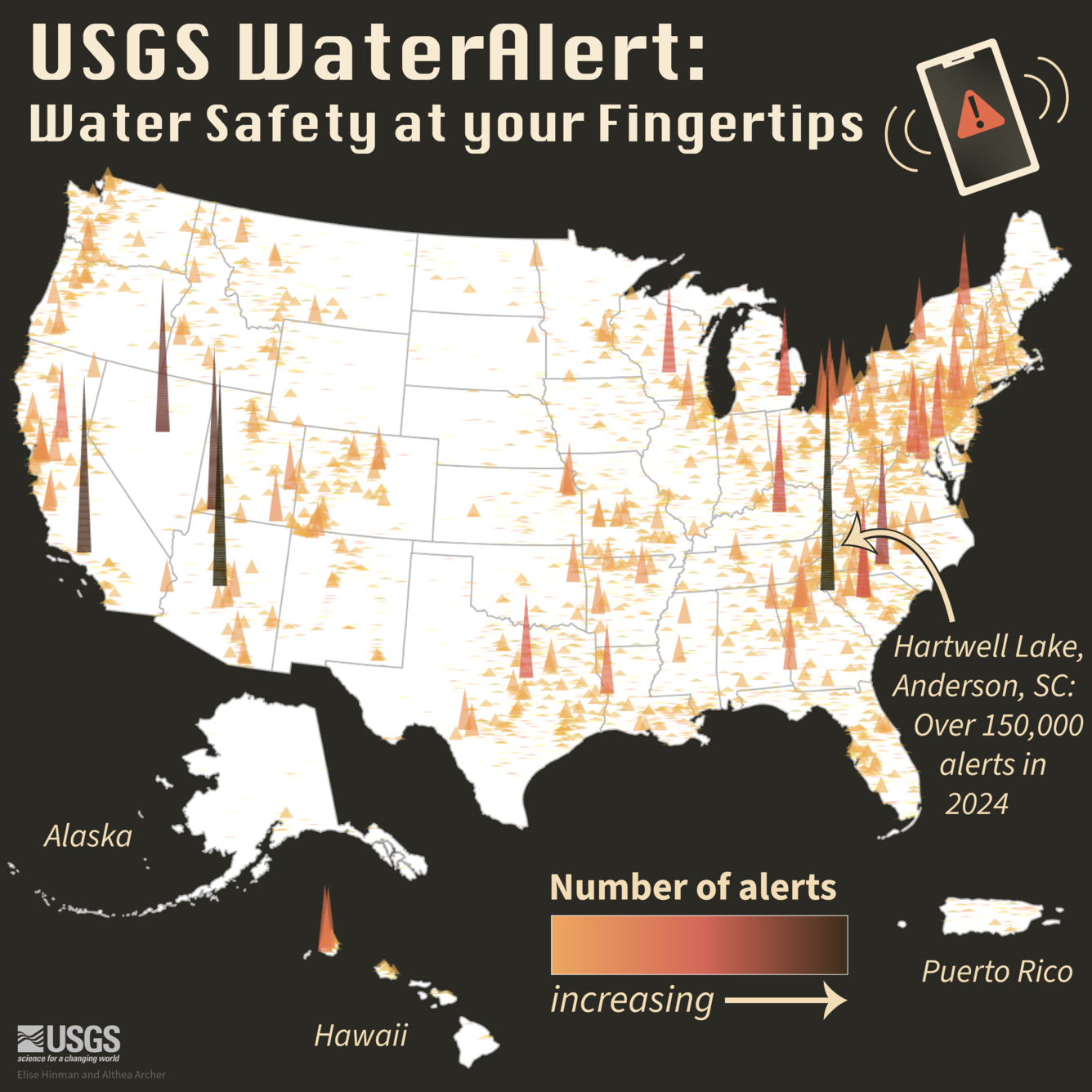 USGS WaterAlert: Water safety at your fingertips. Map shows the number of alerts in 2024 by streamgage site.