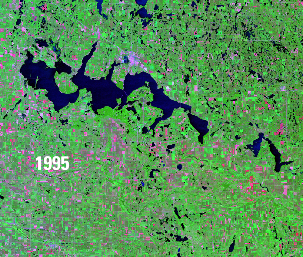 Satellite image showing water bodies in deep blue, green vegetation and pink barren areas