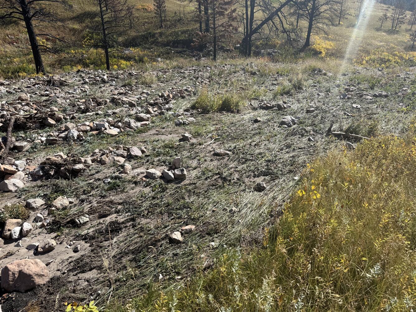 mud and rocks on flattened grass