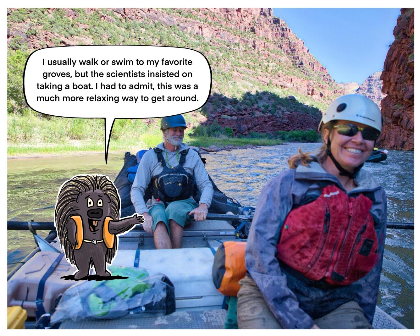 Two people sit in a raft traveling down a river with steep canyon walls on the sides. 