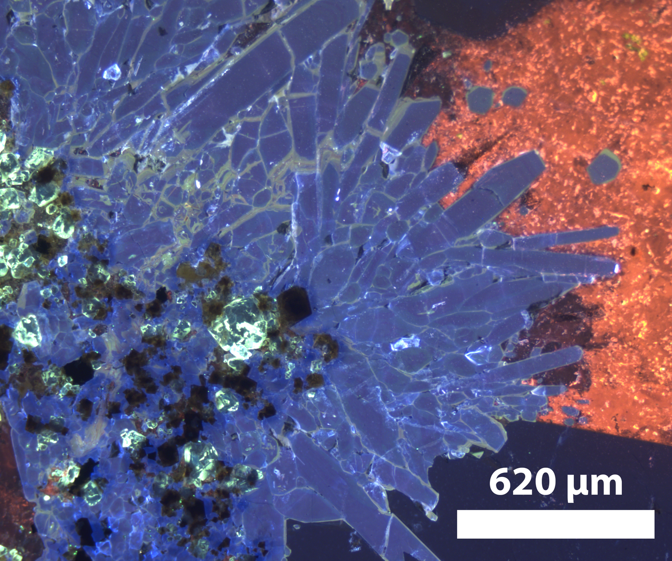Optical, cold-cathodoluminescent image of apatite, calcite, zircon, and pyrochlore-group minerals.