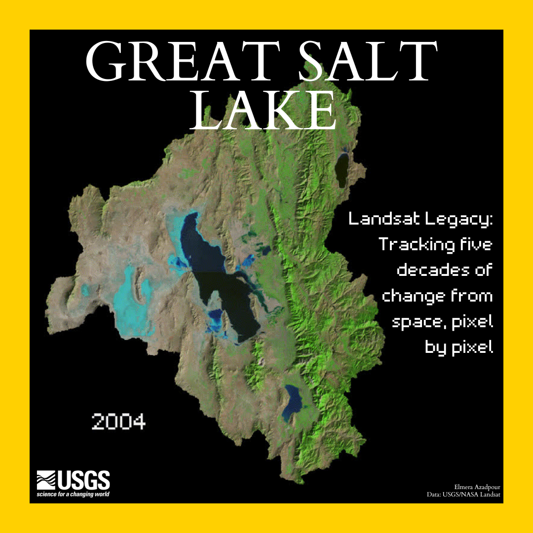 Satellite imagery of Great Salt Lake, which goes from 2000 to 2022. Stylized to look similar to a magazine cover.