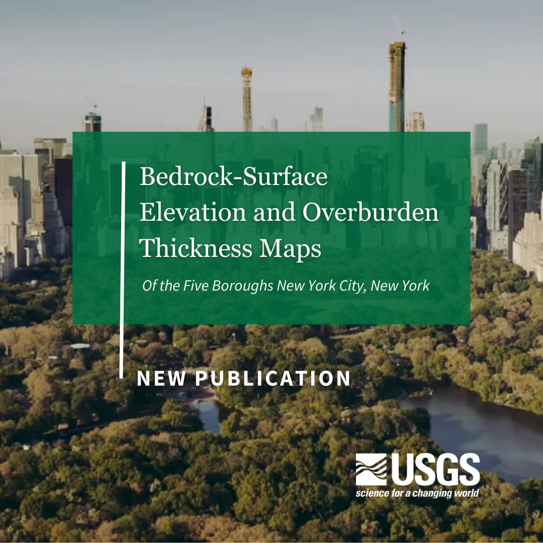 Cityscape background with text that reads "Beadrock-Surface Elevation and Overburden Thickness Maps of the Five Boroughs New York City, New York New Publication." USGS logo is in bottom right corner. 