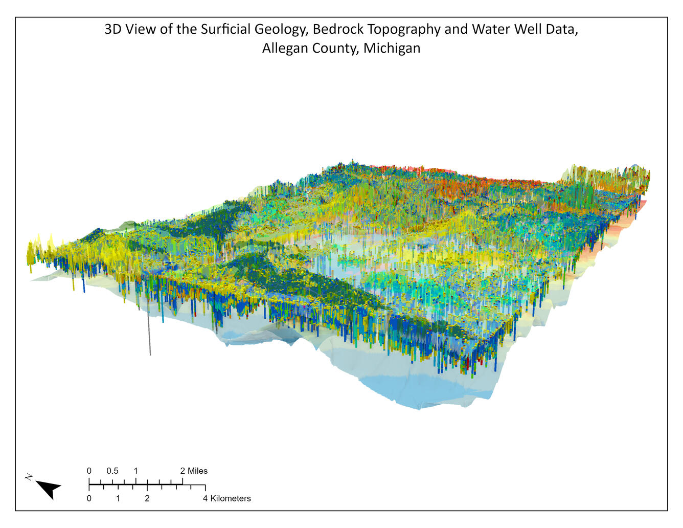 Image shows a 3D computer rendering of subsurface geology in different colors. 