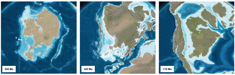 Three images of inland seas: one from 500 million years ago, one from 345 million years ago, and one from 170 million years ago. The inland sea covers the Black Hills region in every image.