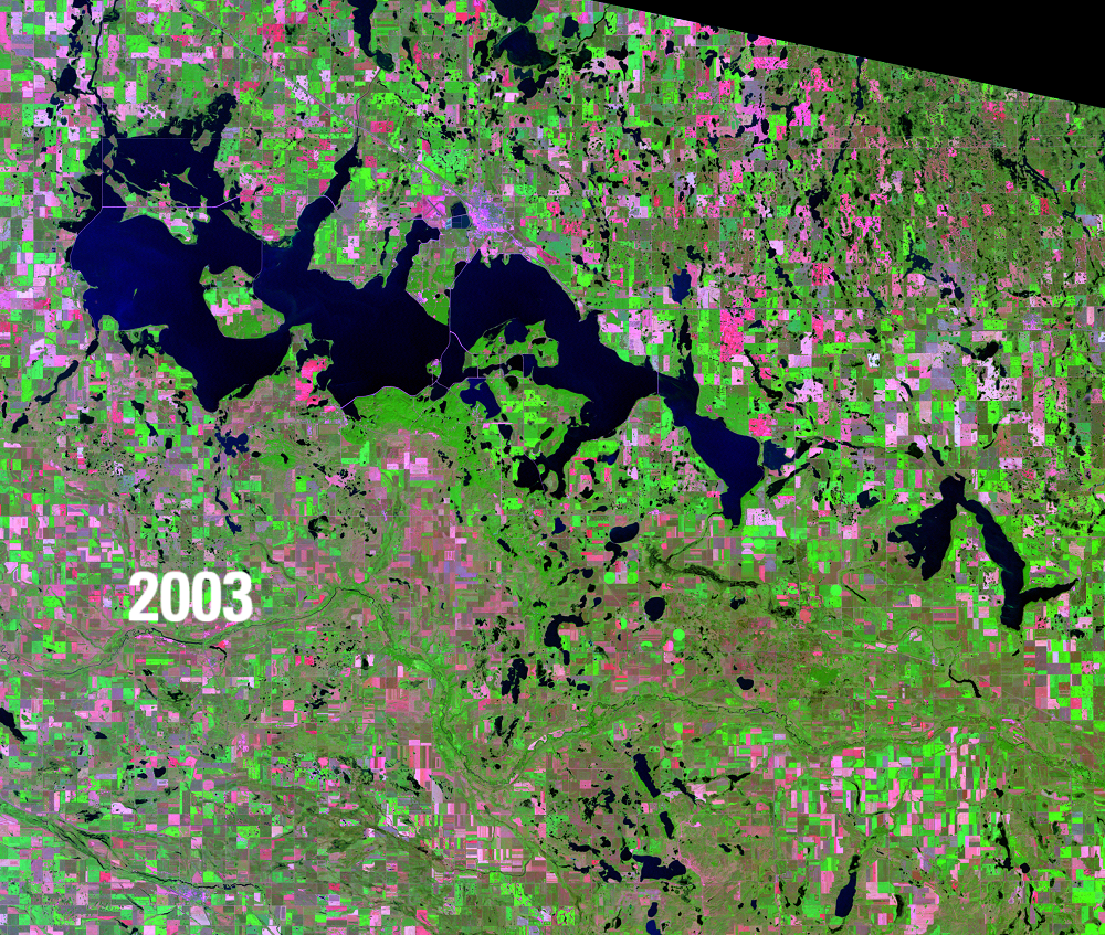 Satellite image showing water bodies in deep blue, green vegetation and pink barren areas
