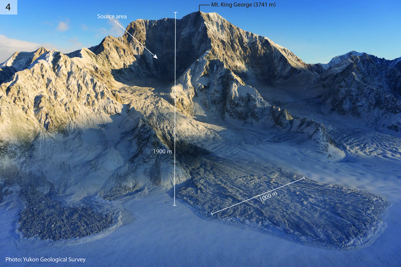 Snow mountain with labels showing the source area and size of a landslide