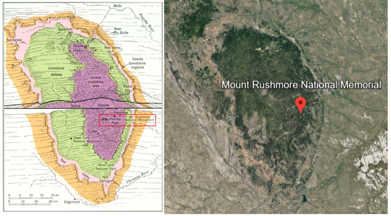 Left: an ellipse represents the Black Hills dome. Its center is colored purple and titled "Central crystalline area". Mount Rushmore is located in the south-center part of this purple region. Around the purple region are rings of different colors which represent the different sedimentary rocks of the region. Right: the Black Hills dome as seen via satellite image.