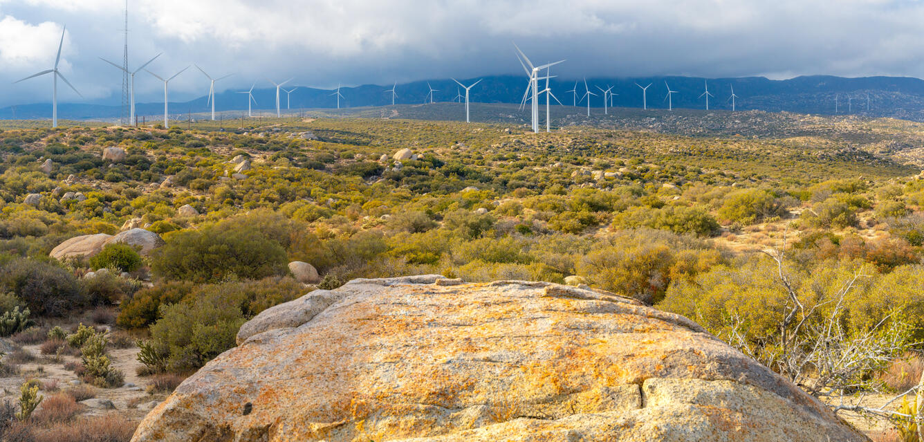 Rocky desert landscape with wind turbines in the distance
