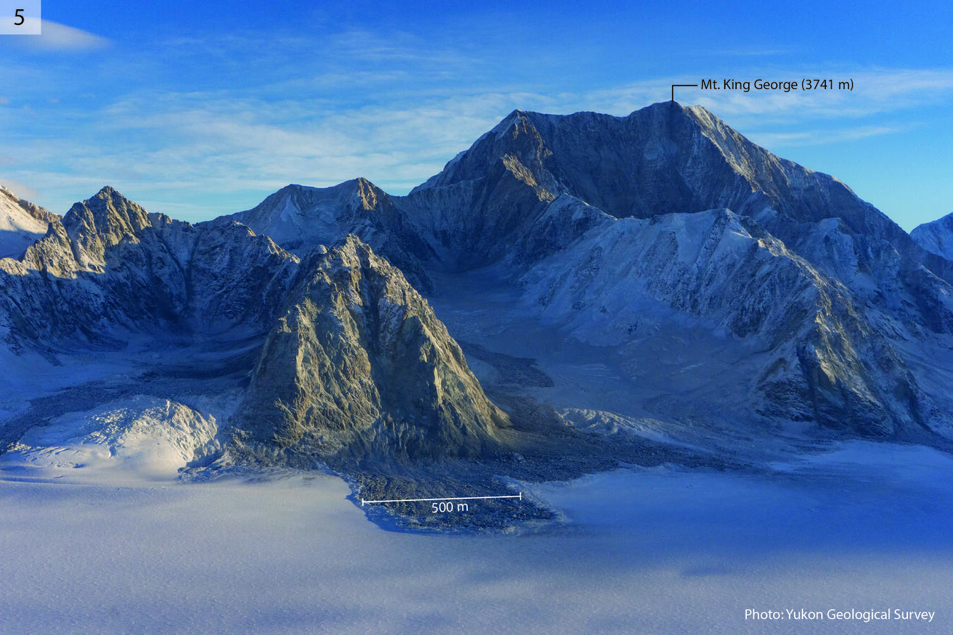 Snowy mountain with a label showing the size of a debris lobe at the base of the mountain