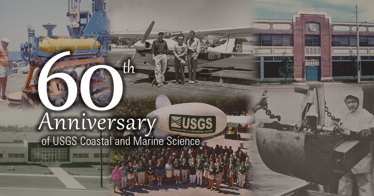 Text, "60th Anniversary of USGS Coastal and Marine Science" over faded images of scientists and office buildings