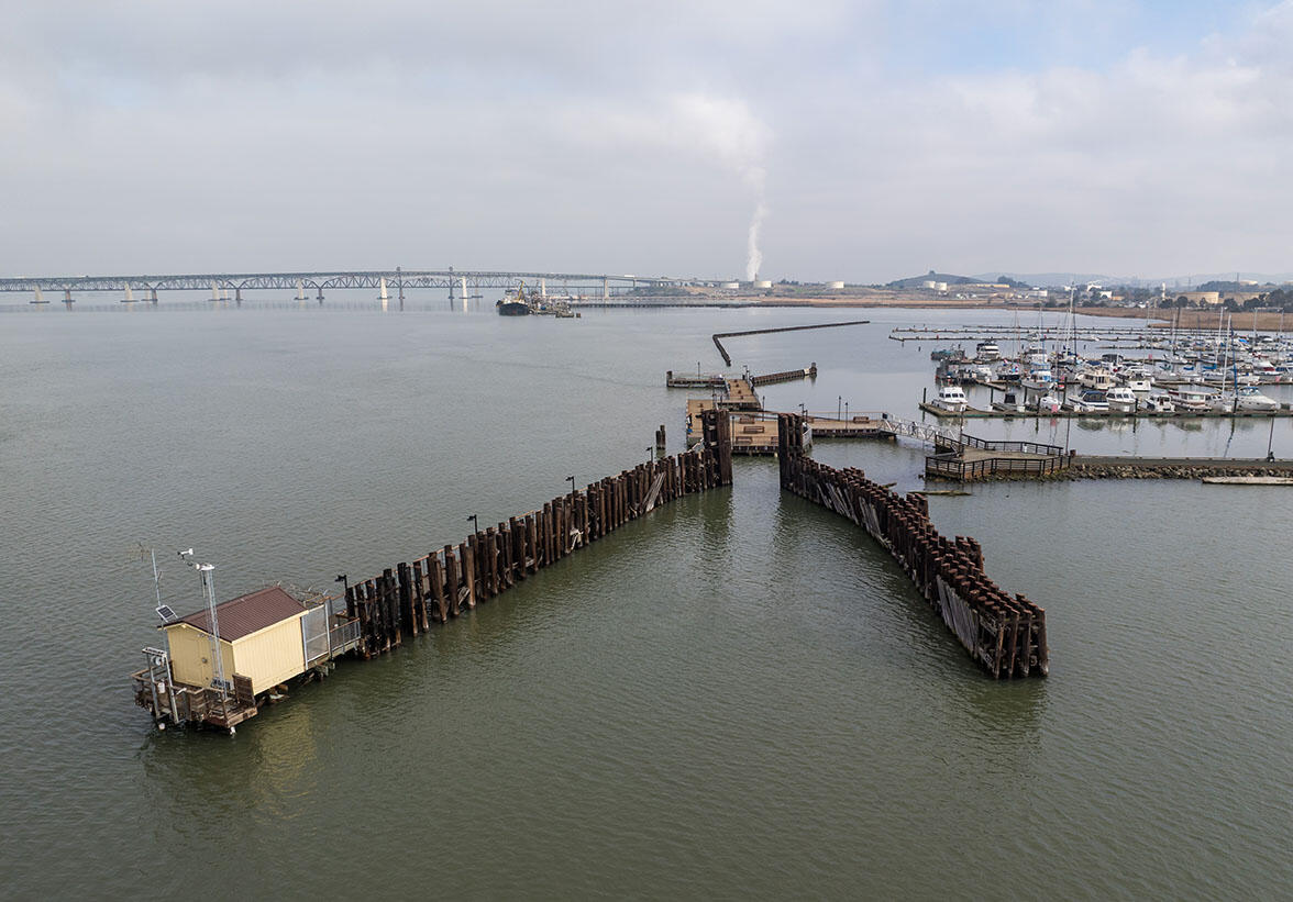A drone view of where scientists with the U.S. Geological Survey gathered shellfish samples collected at Martinez Harbor, Con
