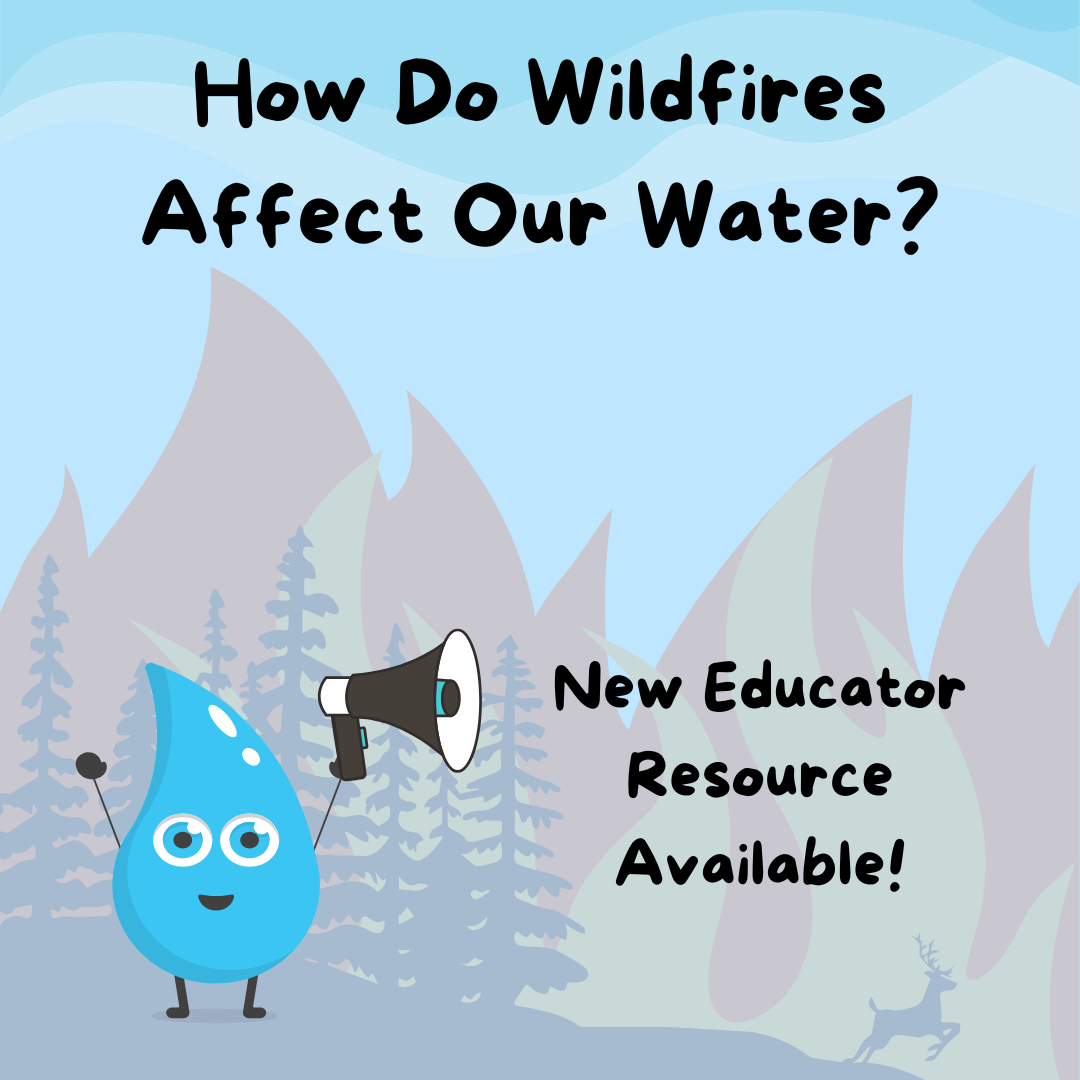 Drippy, the Water Science School mascot, announces new educator resource available: How do Wildfires Affect Our Water. 