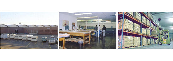 Three photos: left outside of building, middle room with people looking at core, right warehouse with pallet racks forklift