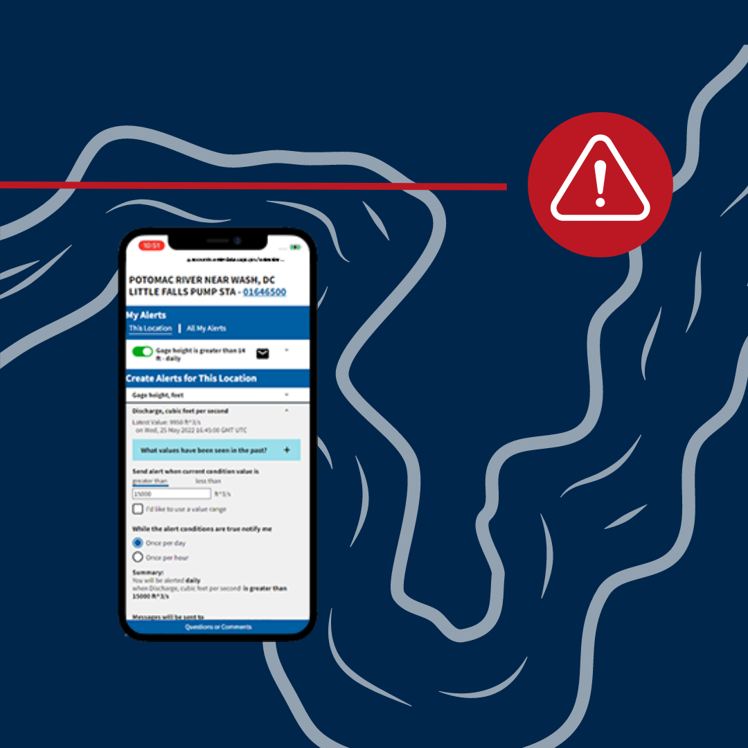 WaterAlert Screenshot on a dark blue background with a red circle showing a white warning triangle.
