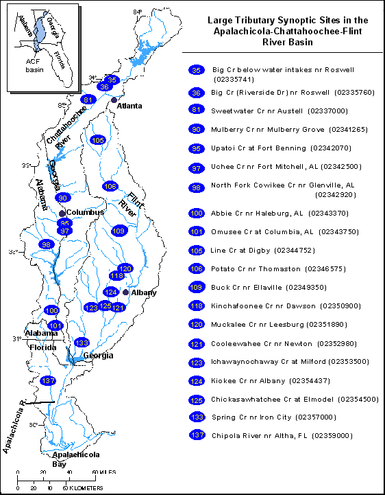 Large Tributary Synoptic Sites in the Apalachicola-Chattahoochee-Flint River Basin
