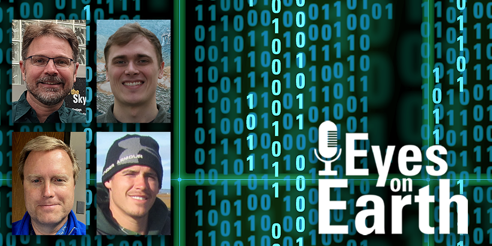 An image with a little text in white, vertical lines of 0's and 1's and four men's mugshots