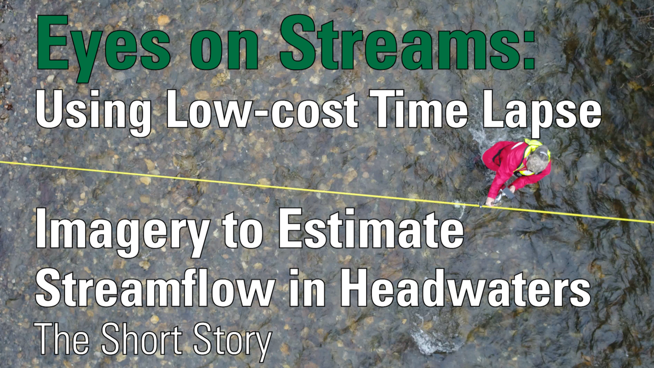Video thumbnail. Image of man wading in stream with a line across the stream. Text reads: Eyes on Streams. The Short Story.