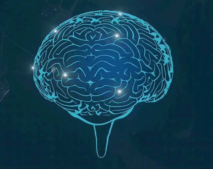 An animation of a lighted up brain spinning with lights and a file cabinet flashing occasionally