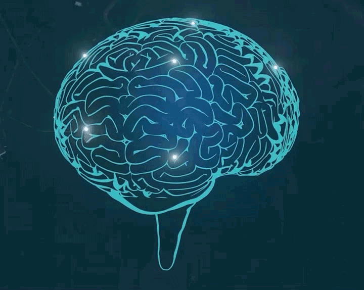 An animation of a lighted up brain spinning with lights and a file cabinet flashing occasionally