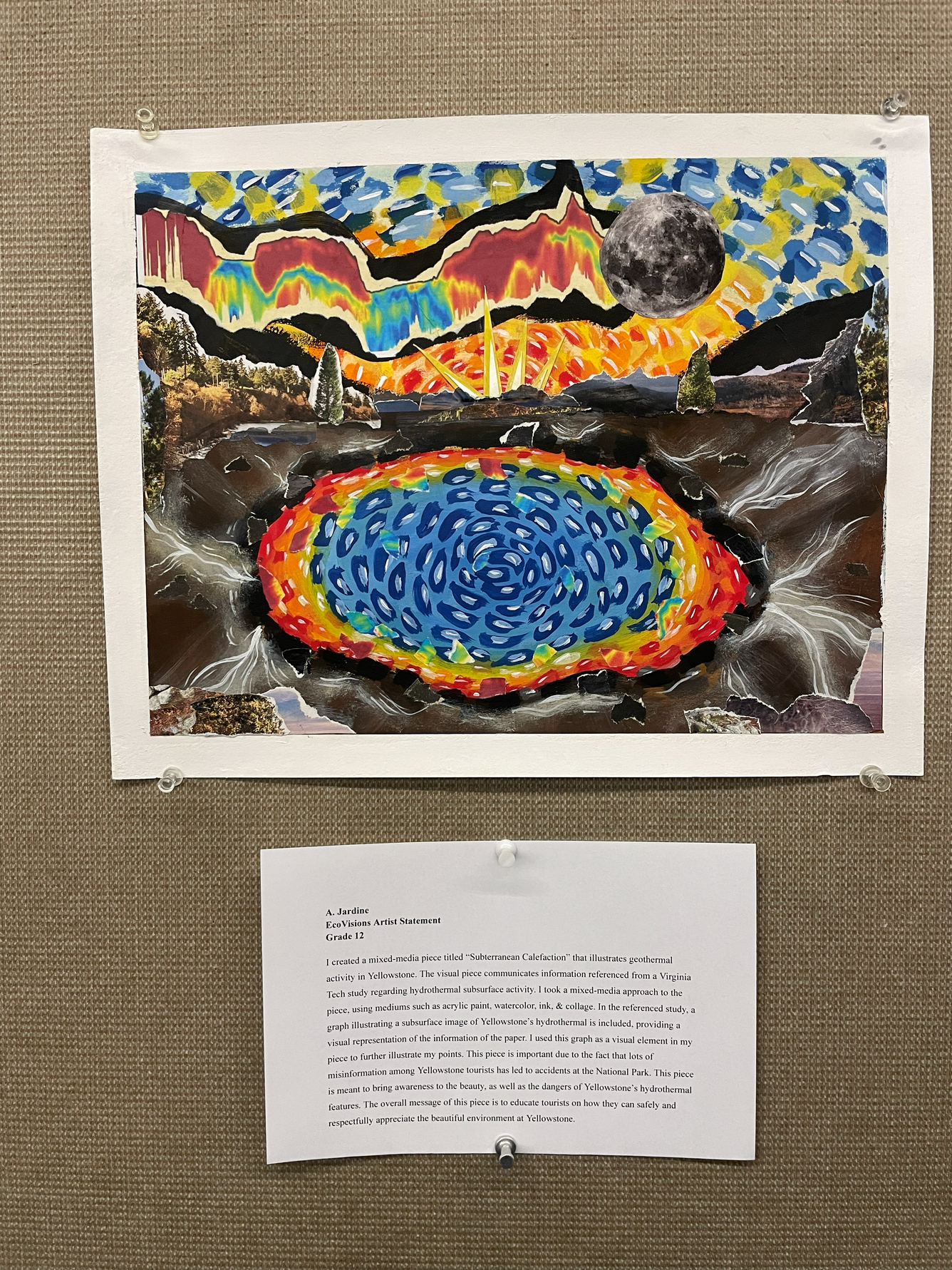 A mixed-media piece titled “Subterranean Calefaction” that illustrates geothermal activity in Yellowstone made by A. Jardine in collaboration with Greg Vaughn, USGS as displayed at the Art of Inquiry show in Flagstaff, AZ September 2025 at the USGS Flagstaff Science Campus.