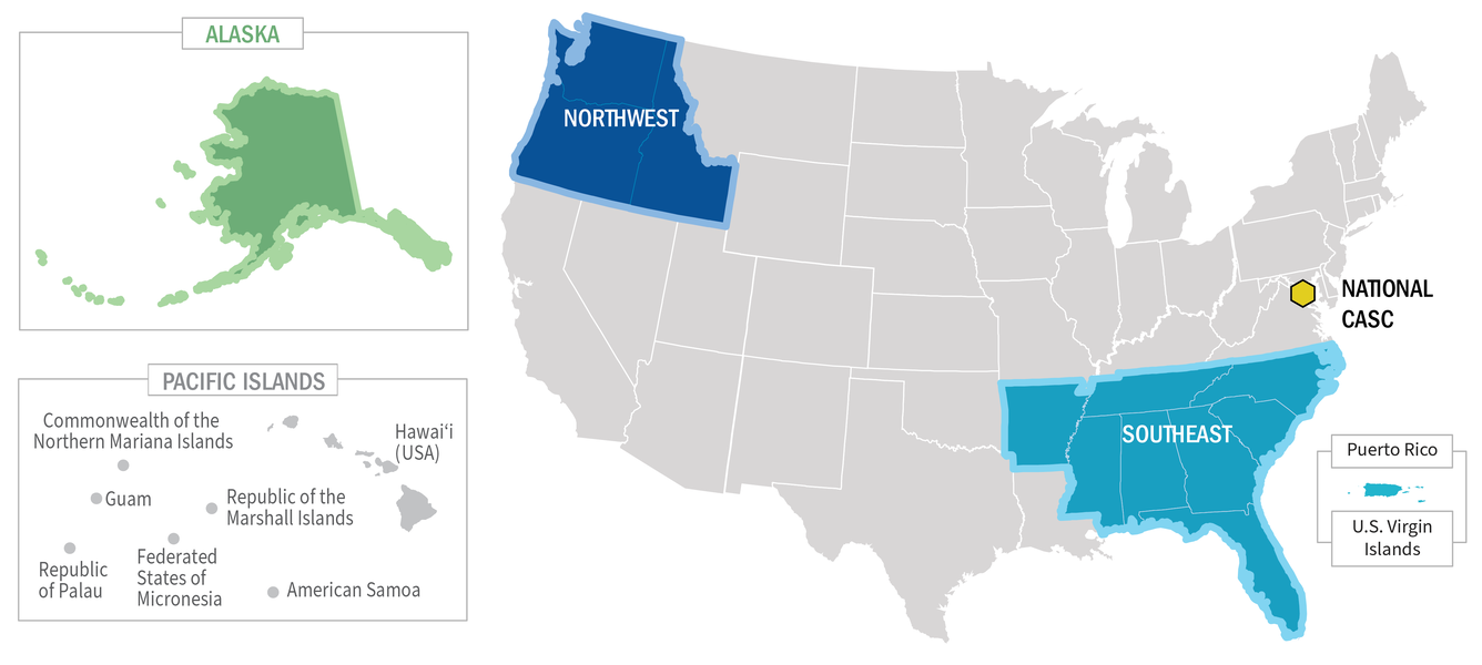 Map of the U.S. with Alaska, the Northwest CASC, and Southeast CASC regions highlighted