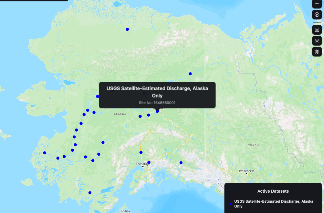 Satellite-estimated discharge sites in Alaska from WaterMAP