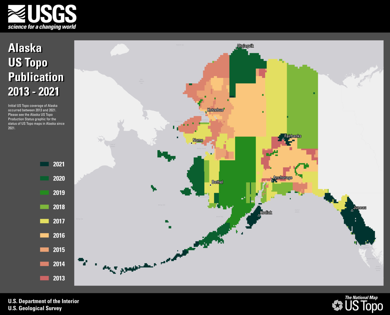 Map showing where Alaska US Topo maps were produced 2013 through 2021