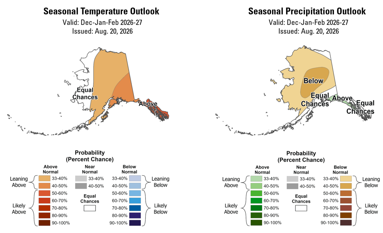 Two maps of Alaska, one showing temperature outlook and one precipitation outlook.