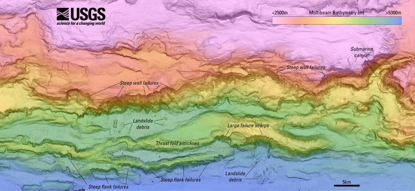 Detailed map showing seafloor features such as submarine canyons and slope failures offshore Kodiak Island, Alaska