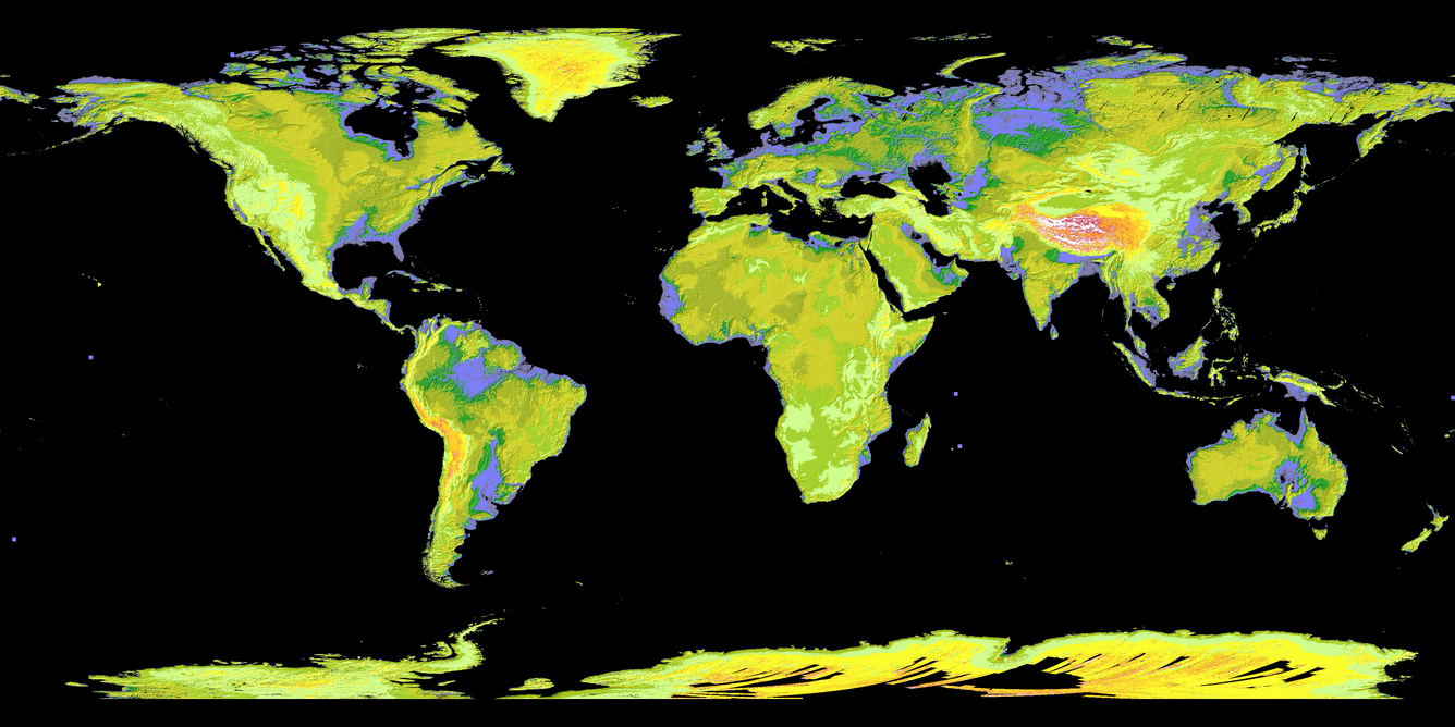 Map of the world's land masses in various colors with North and South American on the left