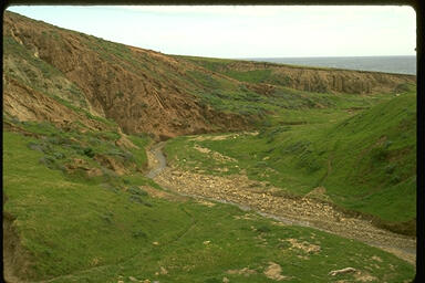 Grassy valley with a river running through and rocky hillsides