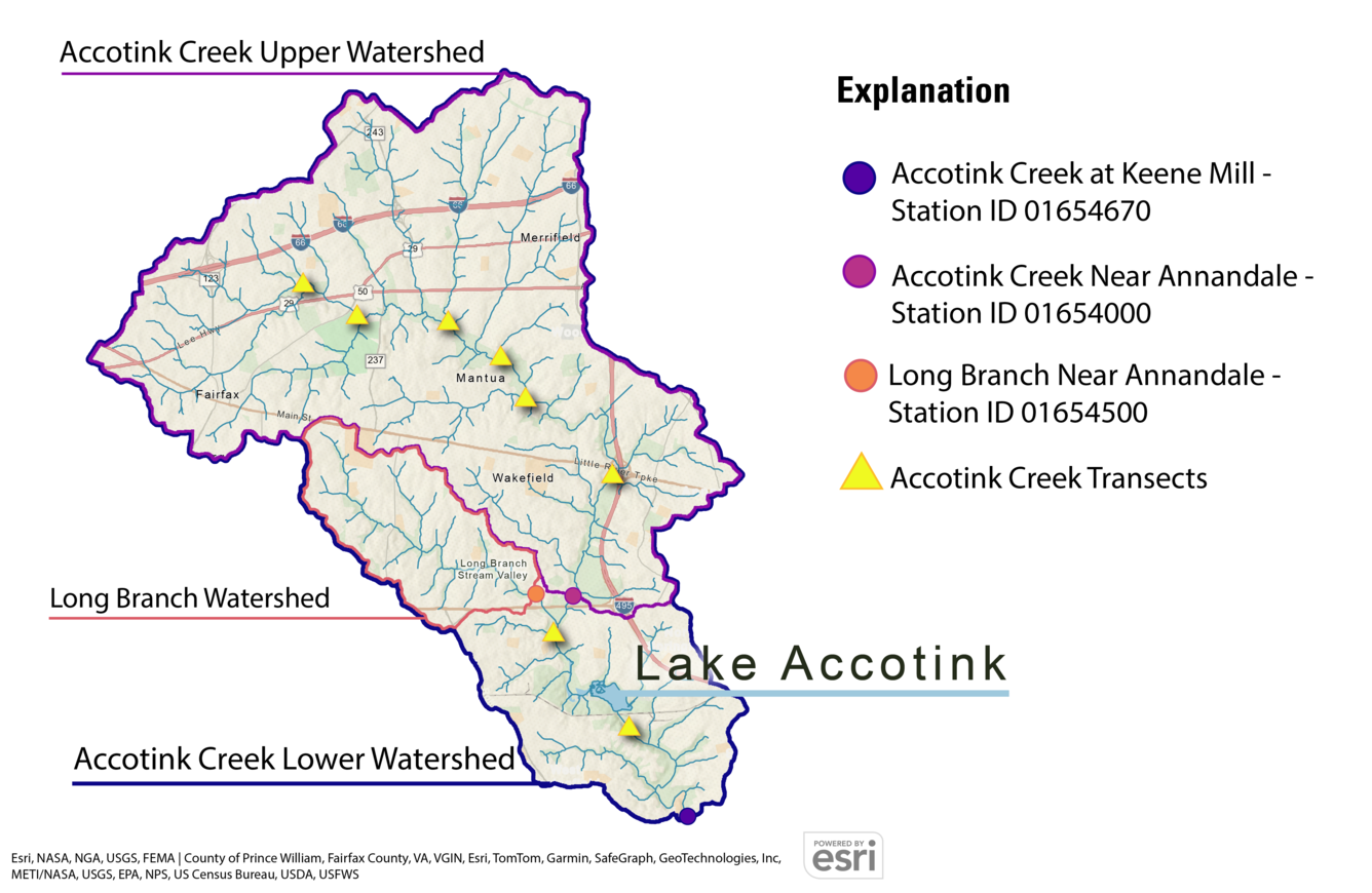 Map of the Accotink Project study area with geomorphic transect locations.