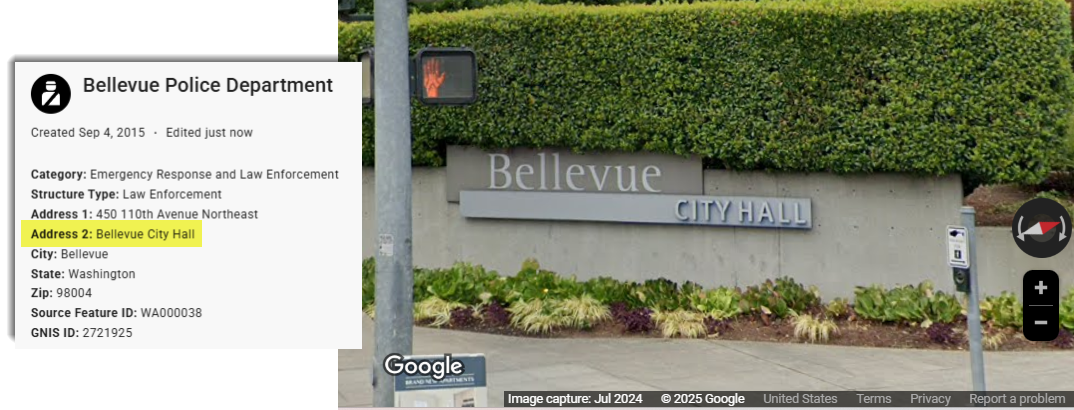 Side by side images of name and address entered for the Bellevue Police Department with an image of the Bellevue City Hall.
