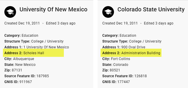 Side by side images of the names and addresses entered for the University of New Mexico and Colorado State University.