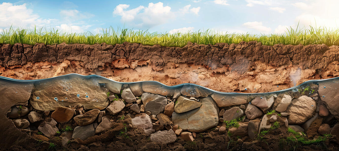 A cross-section view of underground. The bottom layer of fractured rock clasts has flowing water.