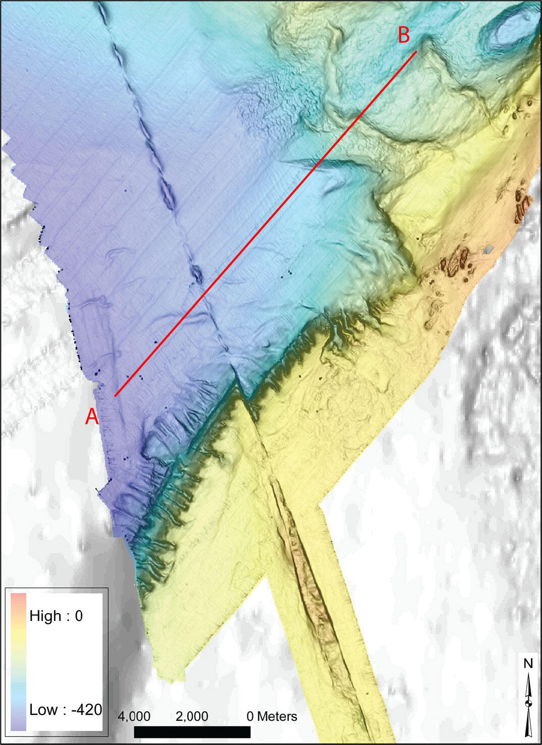 Map shows seafloor features like a tectonic fault line and channels.