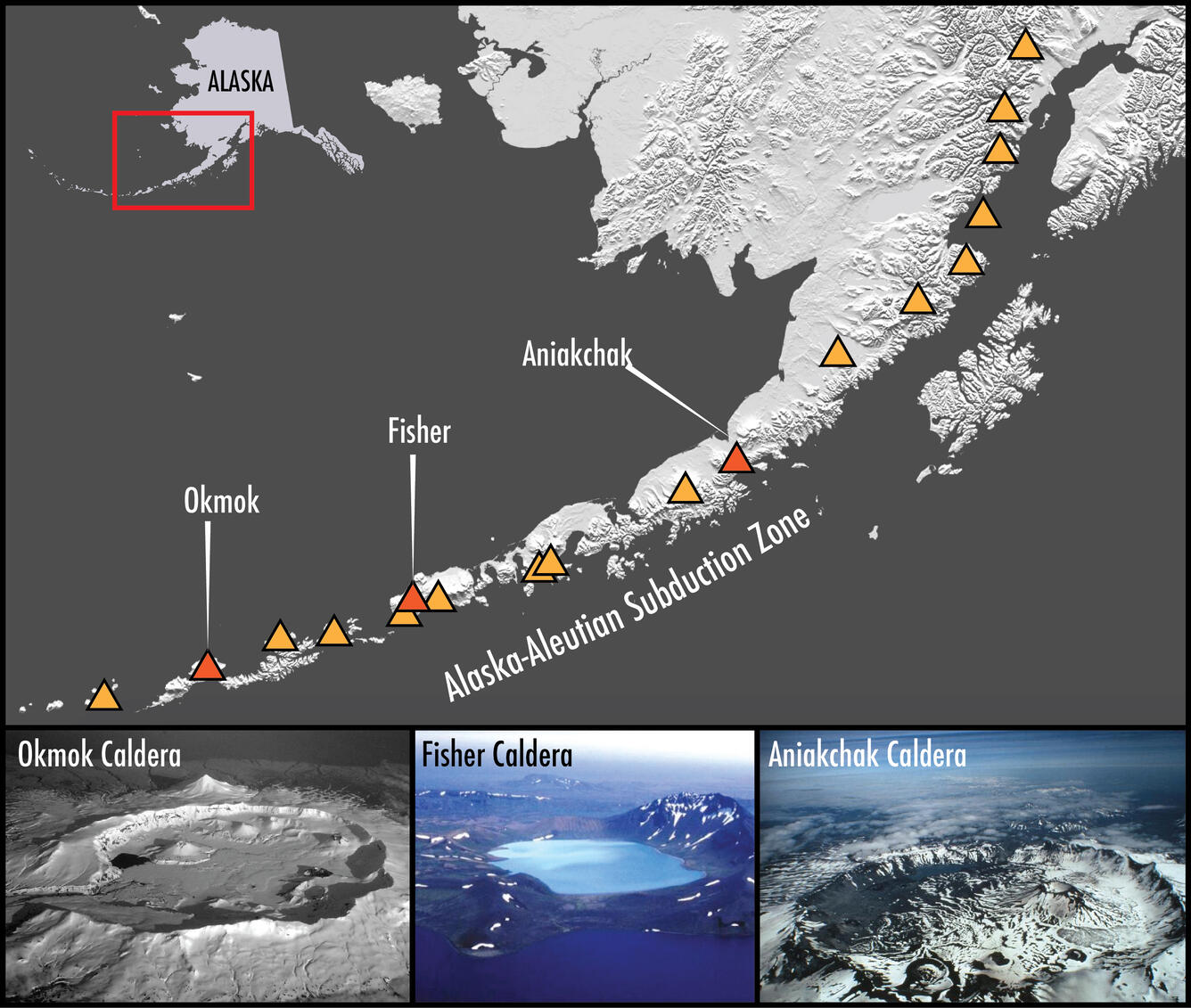 Map of Alaska with volcanoes and calderas indicated, and photos of three Alaska calderas on the bottom