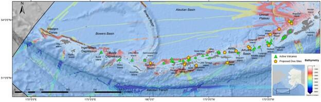 A map of the Aleutian Islands using orange and green icons to highlight the location of active volcanoes and planned field sampling sites
