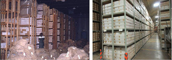 Comparison photos of two warehouses with boxes on shelves