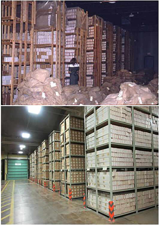 Top shows boxes on wooden shelves bottom shows boxes on metal shelves