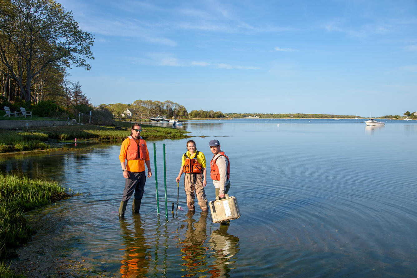 3 USGS employees stand in shallow water while installing monitoring equipment at Cape Cod