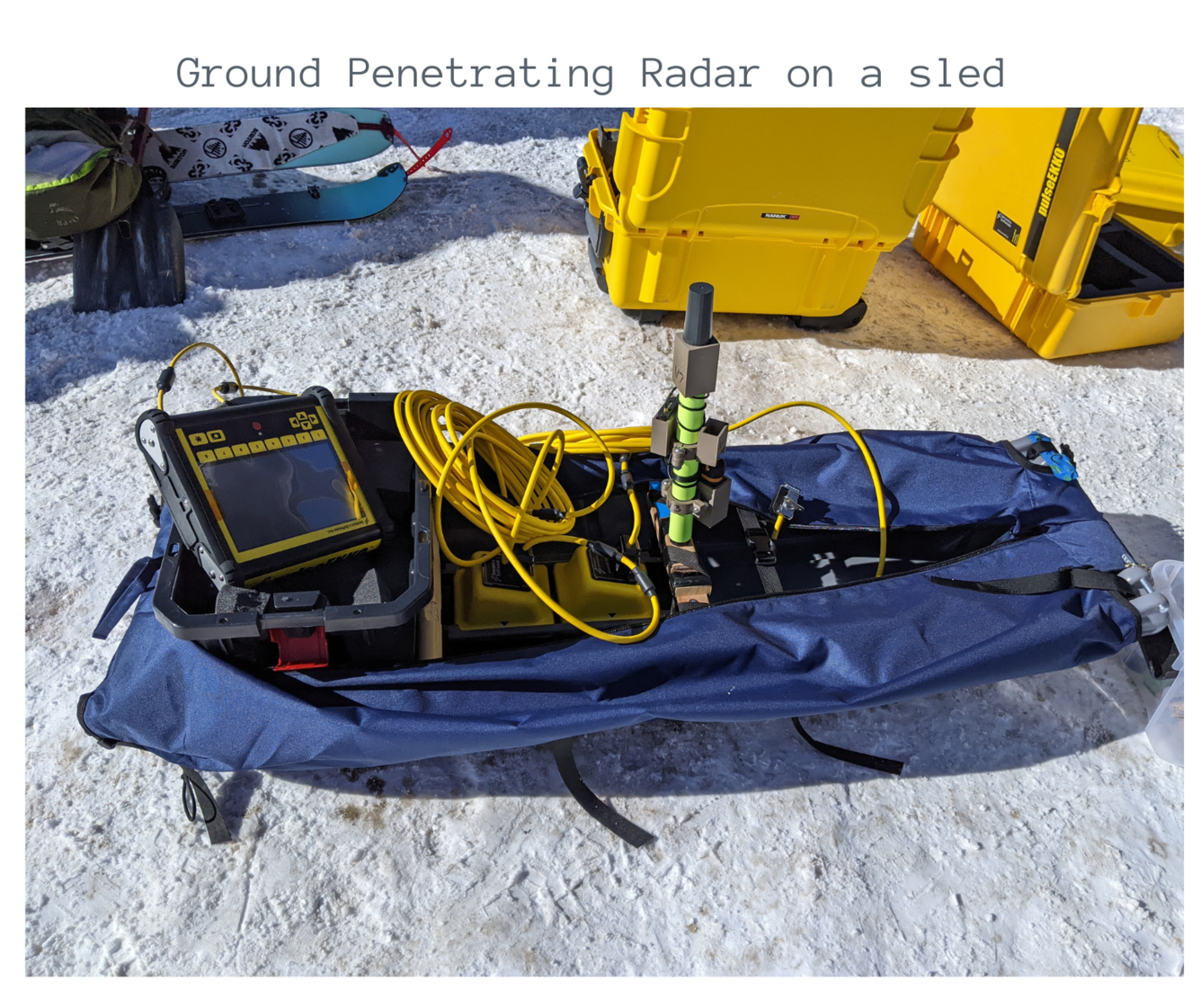 The ground penetration radar is set up on a sled, ready to be pulled behind a skier. The sled is covered in blue canvas. The radar is a combination of yellow and black computer gear and a neon green foot-long sensor. Yellow crates and skis dot the background of the image.