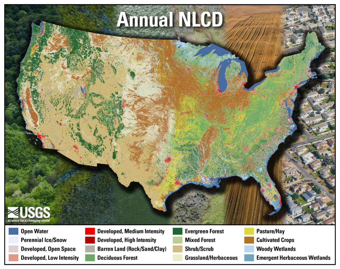 Annual NLCD (2023) for the conterminous United States, showing different major land cover types in the background