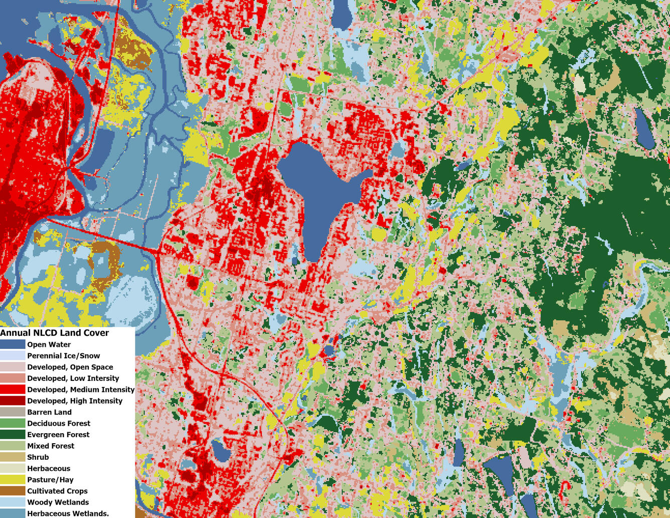 An Annual NLCD Land Cover map centered are around Lake Stevens, WA
