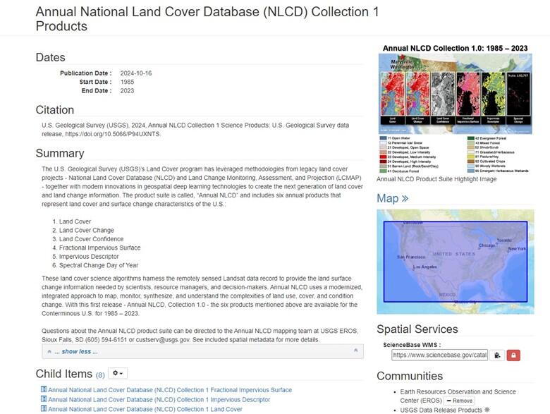 A screen shot of the USGS science base website to download the 2023 Annual NLCD data